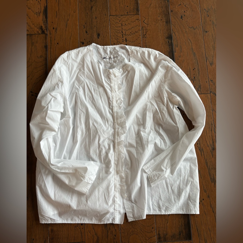 Manuelle Guibal white button down, ruffle on placket. Cotton.